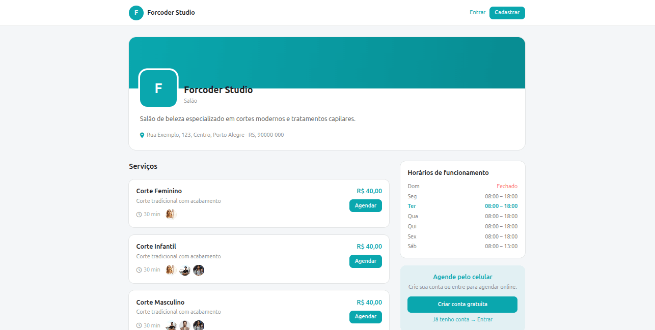 Página de agendamento online da Forcoder para clientes